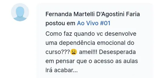 Mensagem de Fernanda Martelli, post na aula ao vivo, elogiando os cursos da Dra. Daniella Prudente