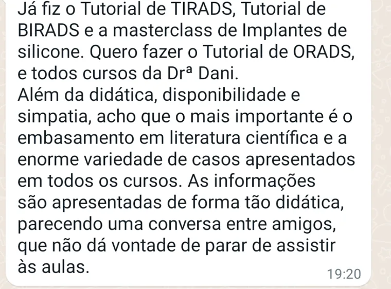 Mensagem da Dra. Milene Marques citando o curso de implantes de silicone