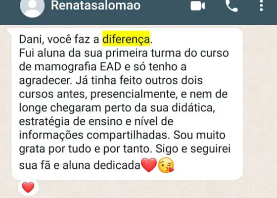 Mensagem de Renata Salomão, primeira turma do curso EAD, elogiando os cursos da Dra. Daniella Prudente