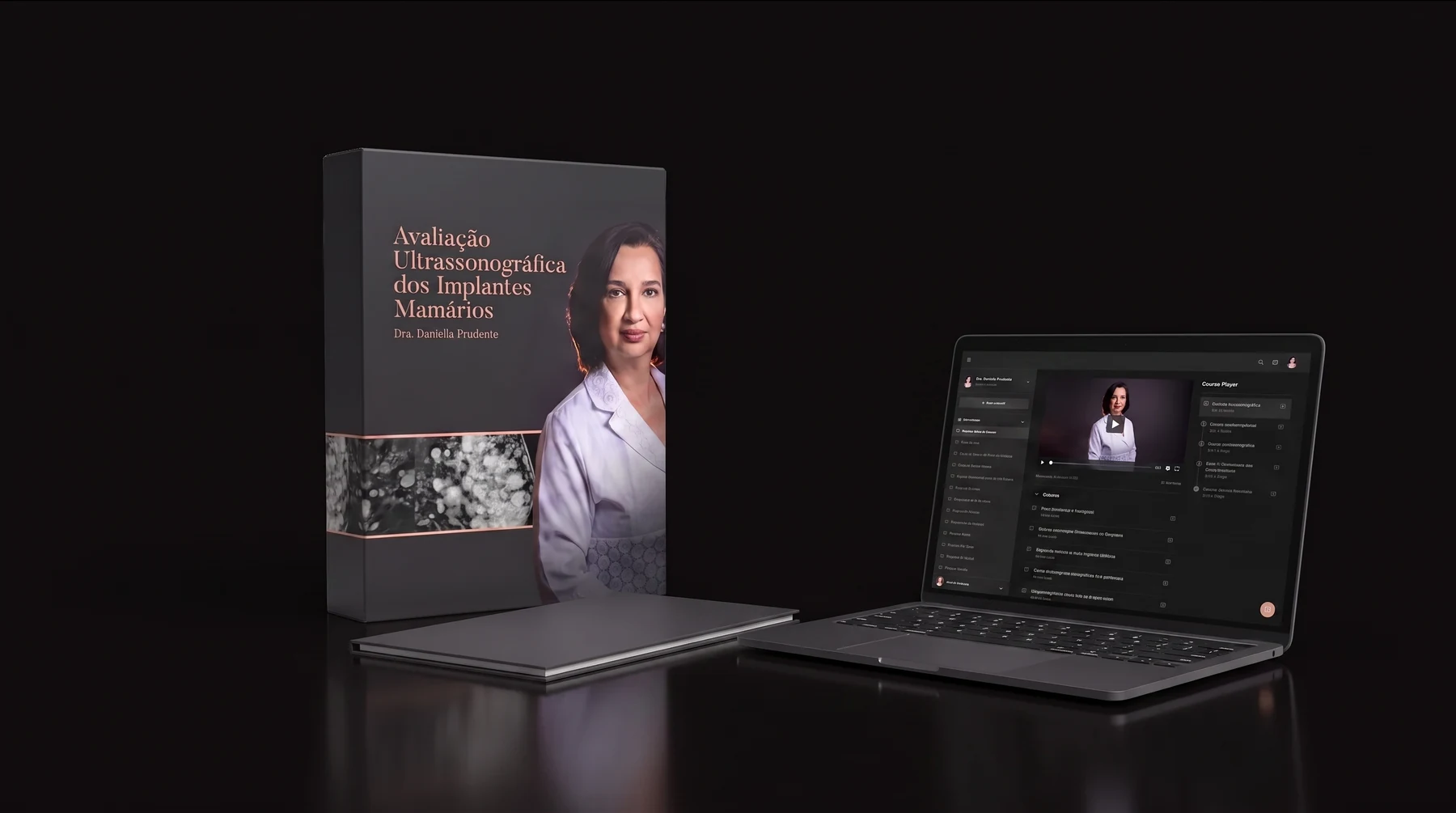 A oferta completa: o box do curso, a pasta dos laudos e a área de membros aberta no notebook